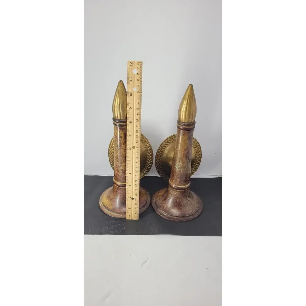 Vintage Pair MCM Brass Wood Tone Wall Candle Holder Sconces 1960s Mid Century